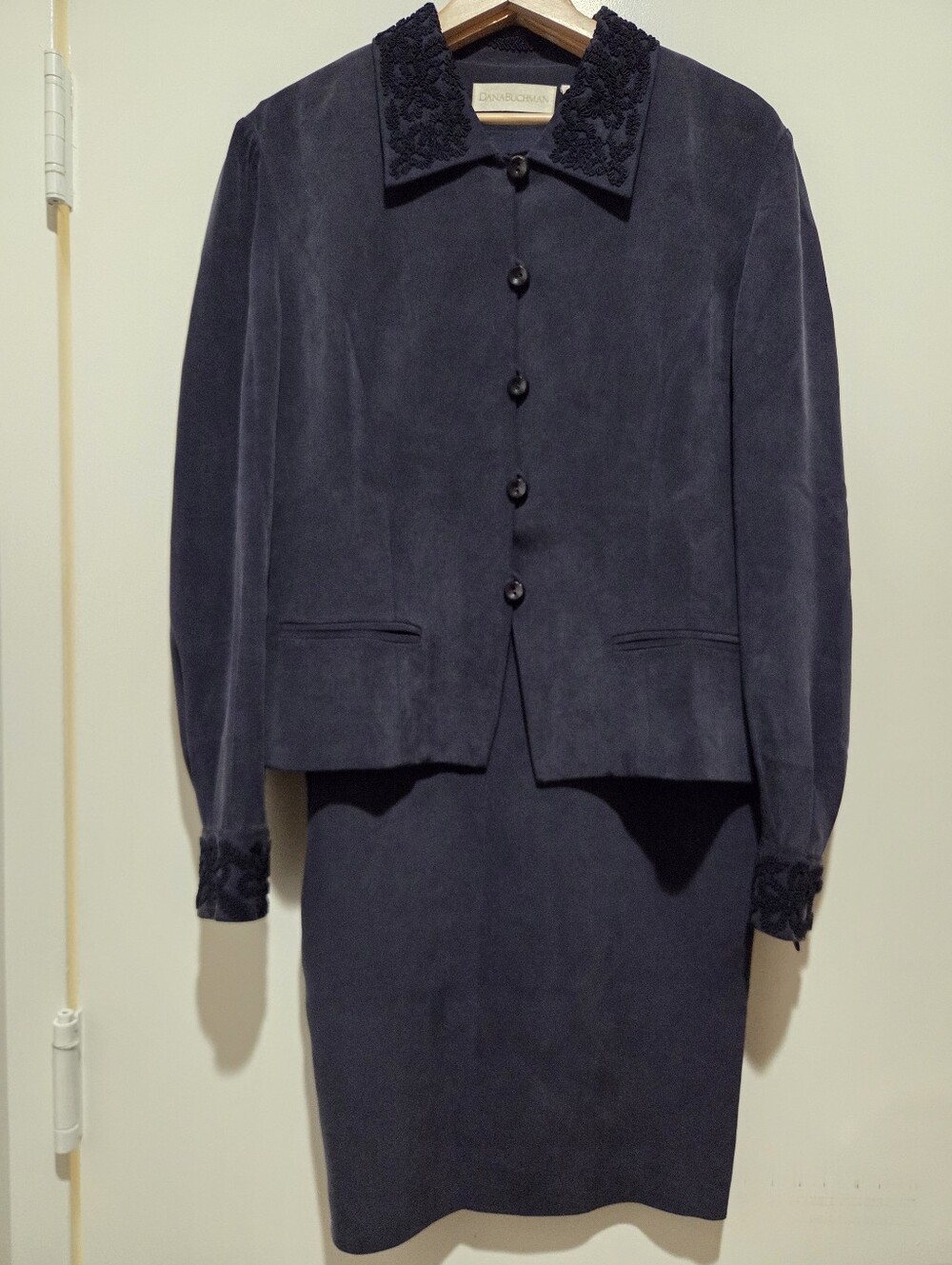 Dana Buchman Silk Skirt (10) & Jacket (12) Suit with Soutache, Slate Blue, NWT